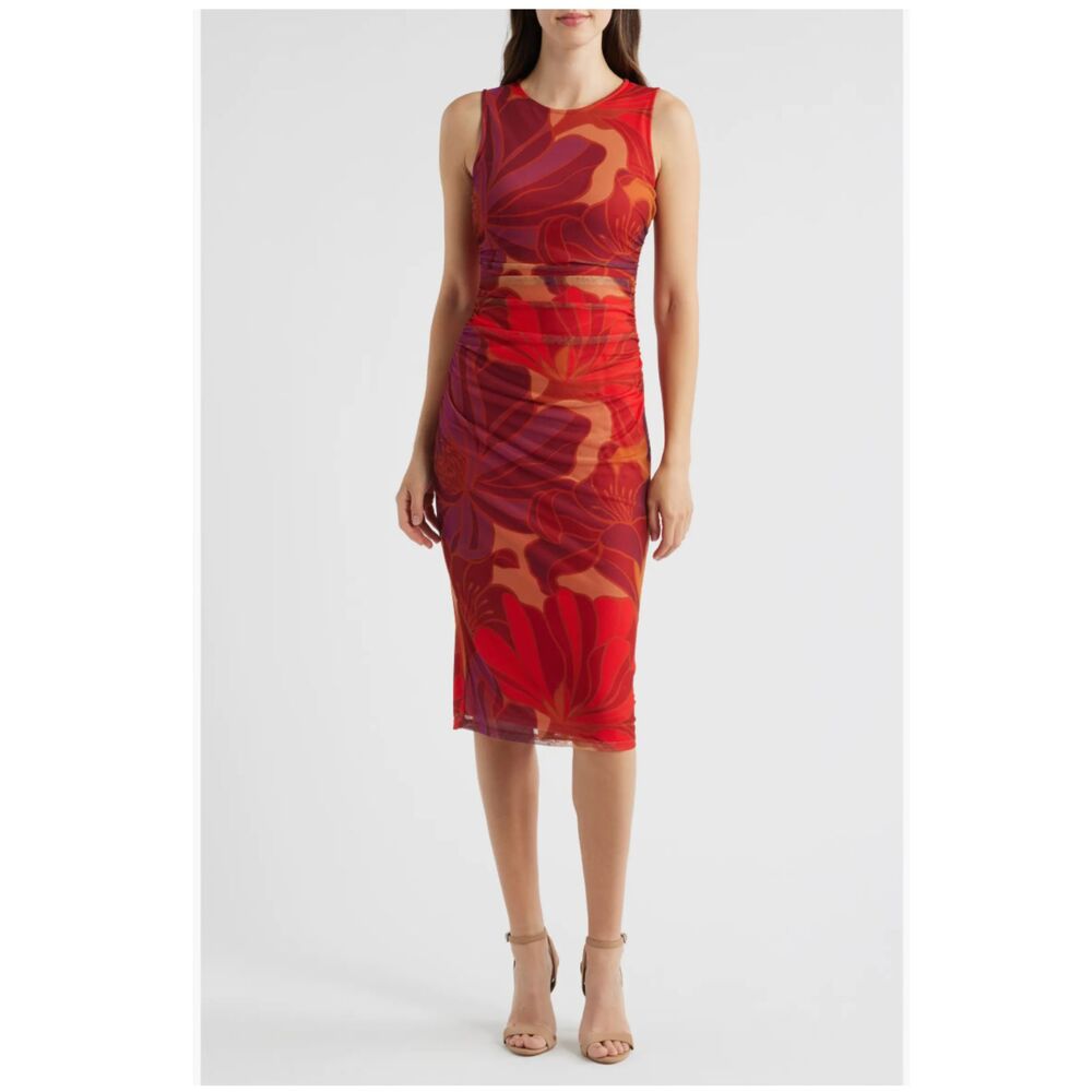 Vince Camuto Floral Mesh Body-Con Midi Dress